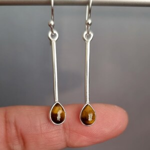 Long Tigers Eye Earrings, Dainty Teardrop 925 Sterling Silver Earrings, Brown Yellow Golden Gemstone, Dangly Earrings, Mistry Gems, E15TE