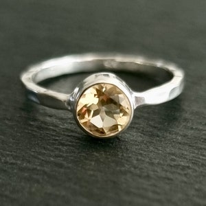 Unisex 6mm Round Citrine Ring, Textured 925 Sterling Silver Stacking Ring, November Birthstone, 13th Anniversary Gift, Mistry Gems, R11CIT