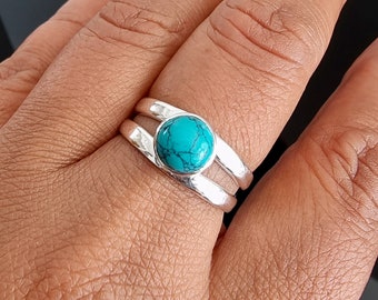 Round Turquoise Ring, 925 Sterling Silver Ring, December Birthstone Jewelry, Blue Gemstone, 11th Anniversary, Boho Rings, Mistry Gems, R22T