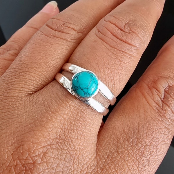 Round Turquoise Ring, 925 Sterling Silver Ring, December Birthstone Jewelry, Blue Gemstone, 11th Anniversary, Boho Rings, Mistry Gems, R22T