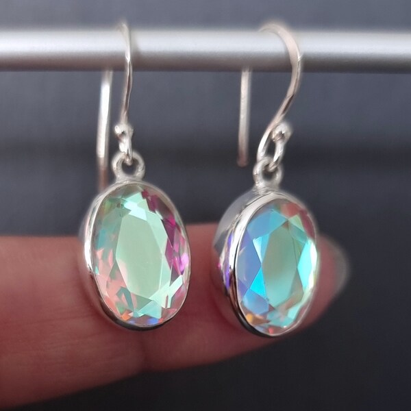 Luckyshine Mystic Topaz Dangle Earrings – Silver Plated, Rainbow Shiny, Natural Gem