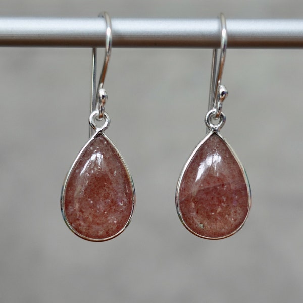 Genuine Strawberry Quartz Earrings, Teardrop Bezel Earrings, Pink Gemstone, Simple Earrings, Minimalist Boho Jewellery, Mistry Gems,E12SQ