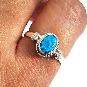 Boho Oval Blue Opal Ring, 925 Sterling Silver, Lab Created Opal, October Birthstone, 14th Anniversary Gift, Engagment Ring,Mistry Gems,R5BOP