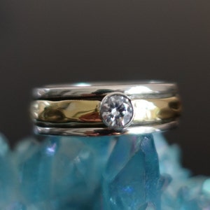 Cubic Zirconia Multi Metal Spinner Ring, Brass 925 Sterling Silver Band, Narrow Gemstone Spinning Ring, April Birthstone, Mistry Gems,SP46CZ