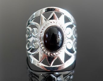 Bague en onyx noir, bague en argent filigrane 925, 7e anniversaire, bague de déclaration, bague longue, bagues Boho en argent, bague en pierres précieuses, Mistry Gems, R2O