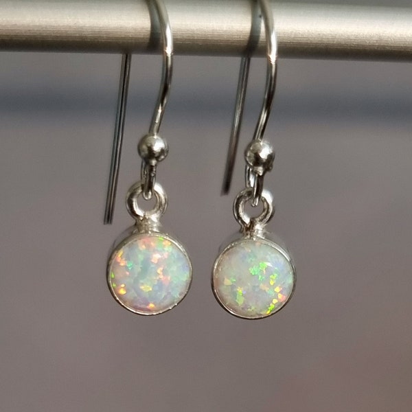 Small White Opal Earrings, Round 6mm 925 Silver Earrings, Dainty Gemstone Earrings, Lab Created Opal, October Birthstone, Mistry Gems,E56WOP
