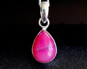 Elegant Teardrop HOT Pink Agate Pendant, 925 Sterling Silver, Stone 1.4cm x 1.0cm, Bright Fuchsia Pink Bridesmaids Jewellery, PAGP21