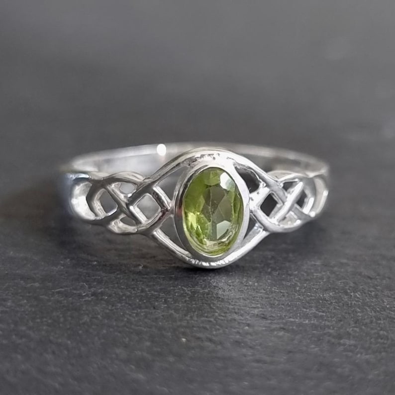 Unisex Sterling Silver Celtic Knot Peridot Ring, August Birthstone Gift, Celtic Weave Pagan Ring, Boho Green Gemstone Ring, R33P image 6