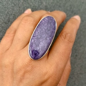 Large Oval Natural Russian Charoite Ring, 925 Sterling Silver, Size US 8 3/4 UK R, Stone Size 4.4cm x 1.9cm, Cocktail Ring, Mistry Gems,R155