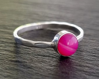 HOT Pink Agate Stacking Ring, Dimpled Sterling Silver, 6mm Round Fuschia Bright Pink Gemstone, Dainty Engagement Ring, Mistry Gems, R11PAG