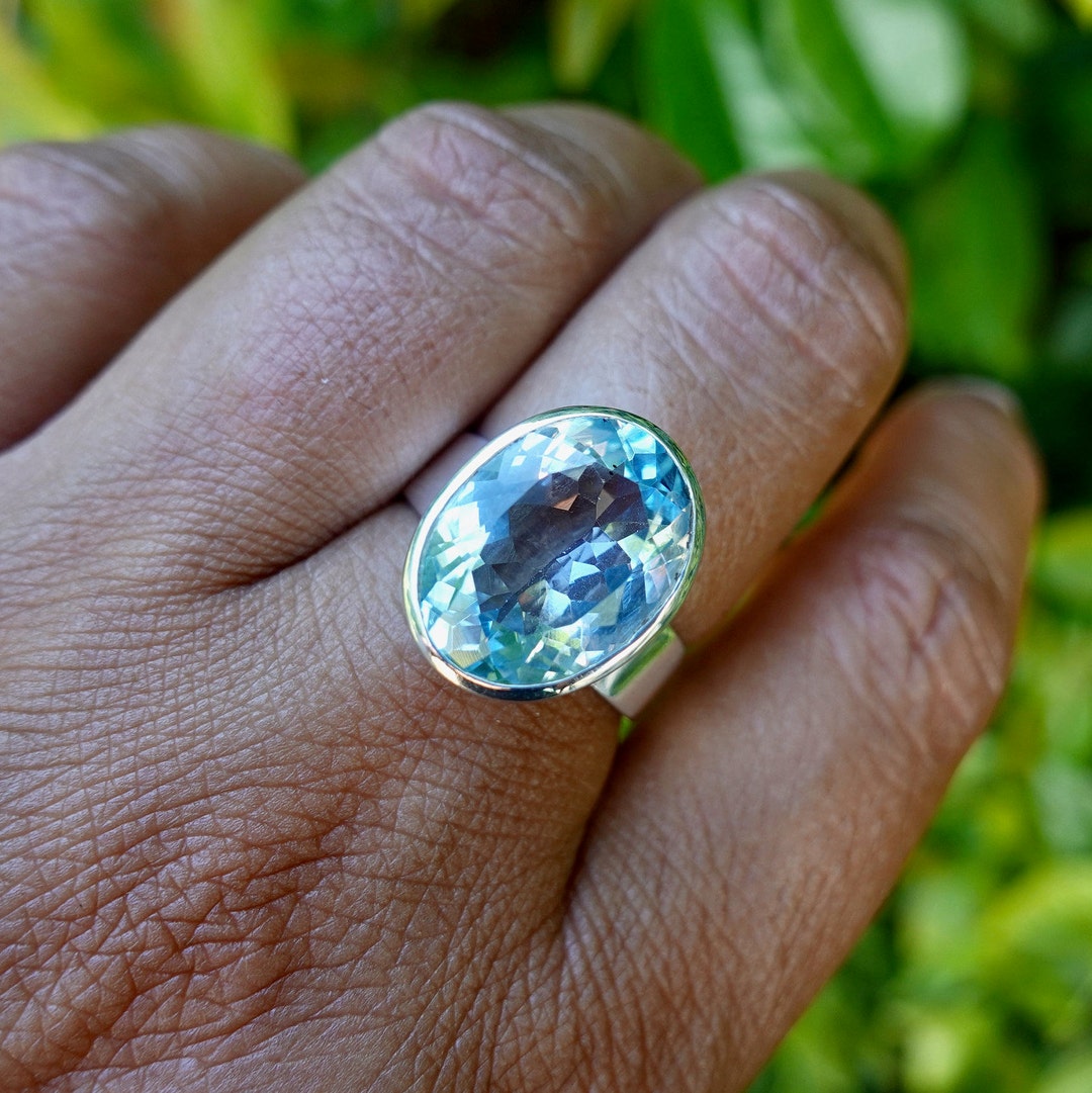 Modern Oval Blue Topaz Ring, High Quality Stone, Sterling