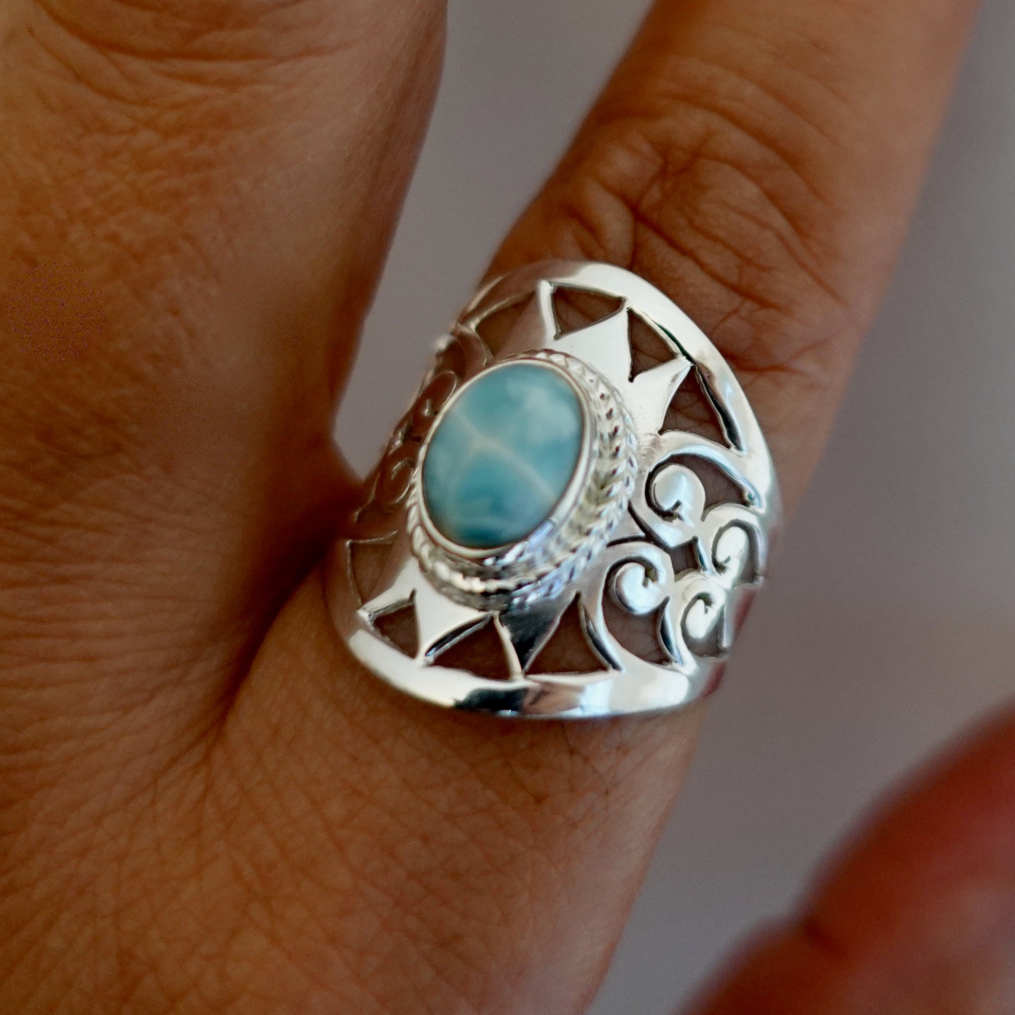 Larimar Ring, Filigree 925 Silver Ring, Statement Ring
