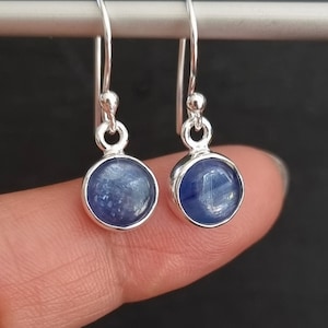 Small Round 8mm Blue Kyanite Earrings, 925 Sterling Silver Dangly Earrings, Denim Blue Gemstone, Wedding Jewellery, Mistry Gems, E13K