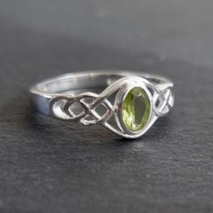 Unisex Sterling Silver Celtic Knot Peridot Ring, August Birthstone Gift, Celtic Weave Pagan Ring, Boho Green Gemstone Ring, R33P image 1