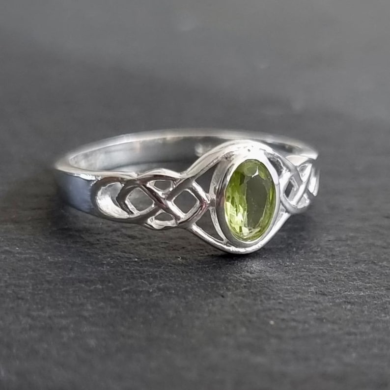 Unisex Sterling Silver Celtic Knot Peridot Ring, August Birthstone Gift, Celtic Weave Pagan Ring, Boho Green Gemstone Ring, R33P image 1
