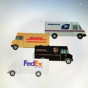 May include: Four delivery trucks, one white with blue and red accents and the text "We Deliver For You", one yellow with red accents and the text "DHL", one black with gold accents and the text "UPS", and one white with orange accents and the text "FedEx Express".