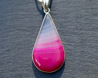 Large Hot Pink Agate Pendant, 925 Sterling Silver, Teardrop Stone Size 38mm x 20mm, Bright Wedding Jewellery Idea, Mistry Gems, PAGP12
