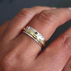 Two Tone Gold Silver Wide Band Ring, Ring DOESN&#39;T Spin Freely, 925 Sterling Silver Brass, Unisex Wide Thumb Ring, Mistry Gems, SP39F