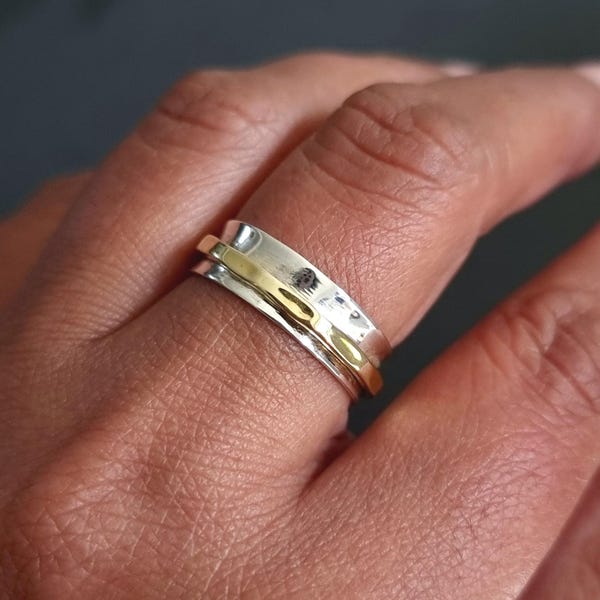 Two Tone Gold Silver Band Ring, Ring DOESN'T Spin Freely, 925 Sterling Silver Brass, Size UK N, W, Unisex Wide Thumb Ring, Mistry Gems,SP39F
