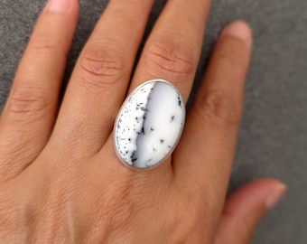 Large Oval Dendritic Opal Ring, 925 Sterling Silver, US 9 3/4 UK T, Stone 2.7cm x 1.9cm, Natural Merlinite Jewellery, Mistry Gems, R133