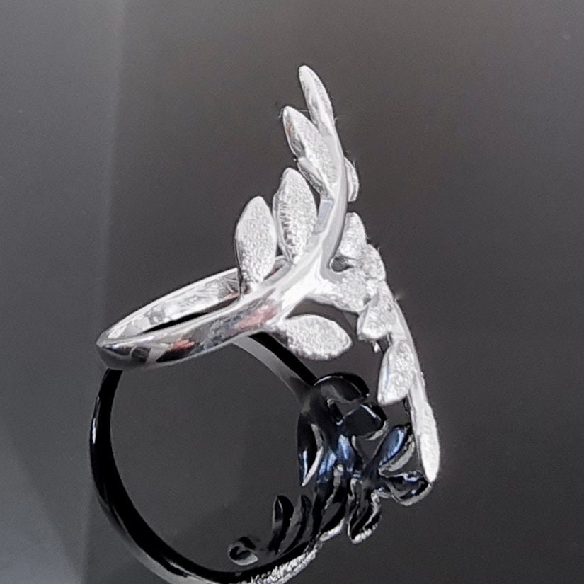 Designer Brushed Sterling Silver Leaf Ring, 25th Anniversary