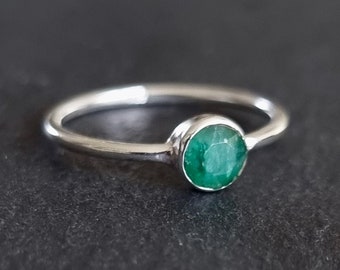 Emerald 5mm Round Stacking Ring, 925 Sterling Silver, May Birthstone, 20th, 35th Anniversary, Bottle Green Gemstone, Mistry Gems,R10EM