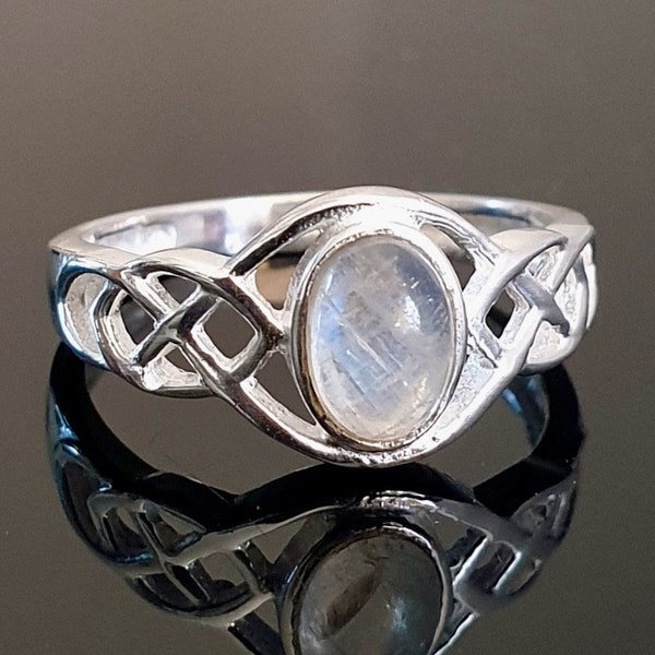 Bague celtique arc-en-ciel avec pierre de lune, argent sterling 925, pierre de naissance de juin, bague tissage celtique, bague païenne, wicca, bague bohème, Mistry Gems, R33M