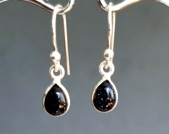 Blue Goldstone Earrings, Tiny Oval 7mm x 5mm 925 Silver Bezel Earrings, Sparkly Glitter Navy Blue Gemstone, Party Dangly, Mistry Gems, E3BS