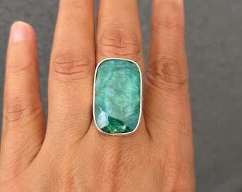 Large Rectangle Emerald Ring, 925 Sterling Silver, *Slightly Imperfect*, Size US 8 UK P 1/2, Stone Size 2.7cm x 1.7cm, Mistry Gems, R243