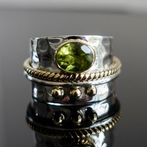 Facetted Peridot Ring, Wide BRASS/SILVER Band, Wedding Ring, August Birthstone, Peridot Jewelry, Green Gemstone, Boho Rings,Mistry Gems,R16P image 3