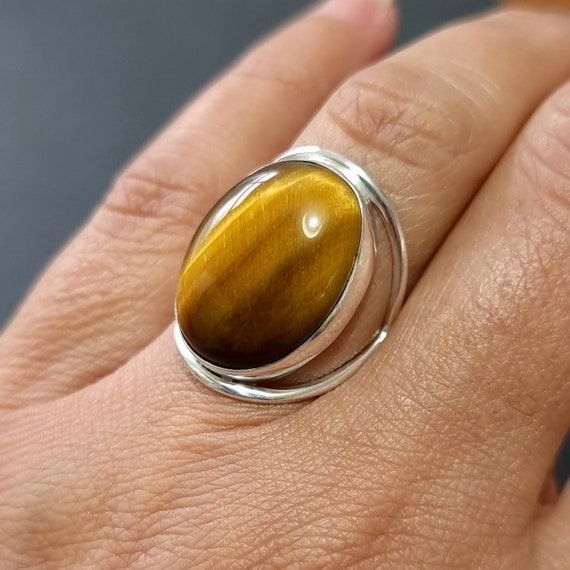 Large Oval Tigers Eye Ring 20mm X 15mm 925 Sterling Silver