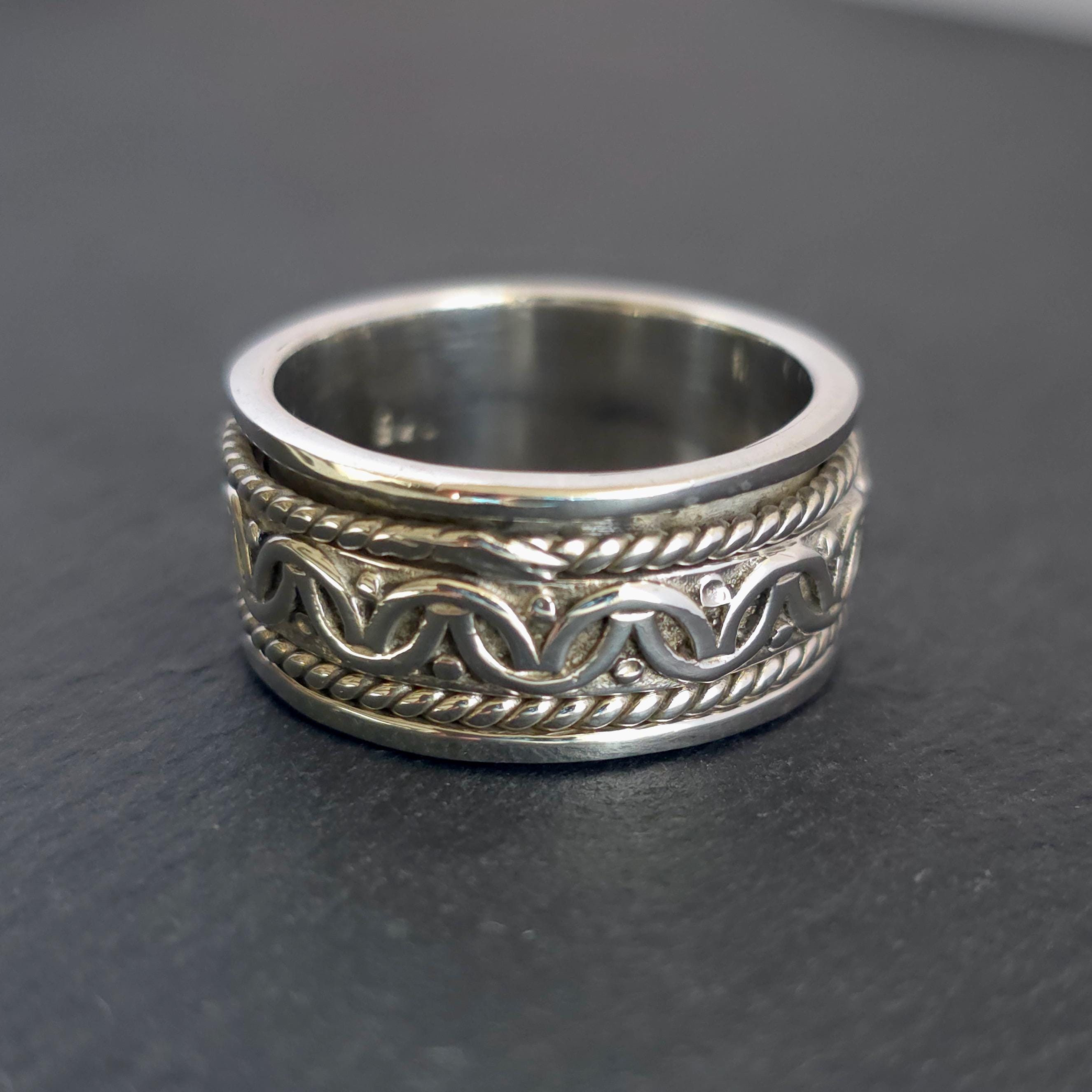 WIDE Aztec Mens Sterling Silver Ring, This Ring Does Not Spin