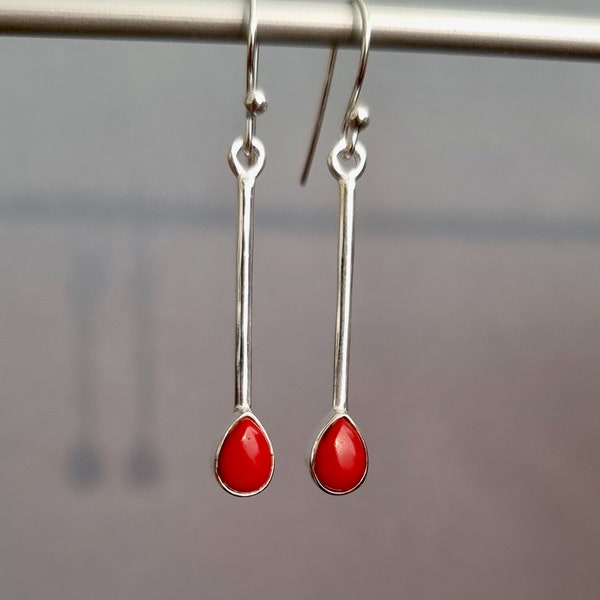 Long Coral Earrings, Dainty Teardrop 925 Sterling Silver Earrings, Bright Red Gemstone, Christmas Jewellery, Anniversary, Mistry Gems,E15COR