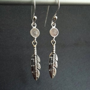 Rose Quartz Earrings, Feather 925 Sterling Silver Dangly Earrings, Light Pink Gemstone, Wedding Jewellery, Hippy Boho, Mistry Gems, E21RQ