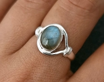 Small Oval Labradorite Sterling Silver Ring, Boho Ring, Two Tone Blue Gemstone Solitaire Ring, Engagement Ring, Mistry Gems, R13LAB