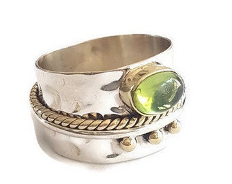 Cabachon Peridot Ring, Wide BRASS/SILVER Band, August Birthstone, Peridot Jewelry, Green Gemstone Ring, Boho Wedding Jewellery, R16PCAB