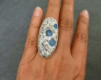 Long Oval K2 Jasper Ring, 925 Sterling Silver, Size US 7 3/4 UK P, Stone Size 4.3cm x 2.0cm, Blue Azurite Granite Jewelry, Mistry Gems, R241