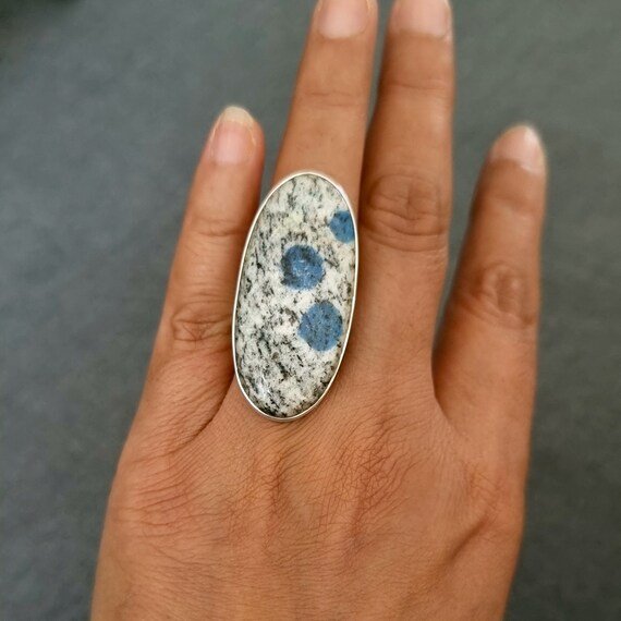 Long Oval K2 Jasper Ring, 925 Sterling Silver, Size US 7 3/4 UK P, Stone Size 4.3cm x 2.0cm, Blue Azurite Granite Jewelry, Mistry Gems, R241