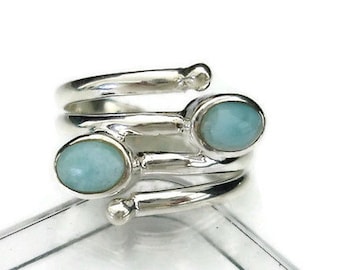 Larimar Ring, Adjustable 925 Sterling Silver Ring, Caribbean Stone, Pale Turquoise, Wrap Ring, Snake Ring, Thumb Ring, Mistry Gems, R30L