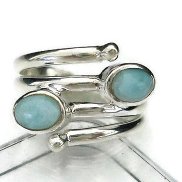 Larimar Ring, Adjustable 925 Sterling Silver Ring, Caribbean Stone, Pale Turquoise, Wrap Ring, Snake Ring, Thumb Ring, Mistry Gems, R30L