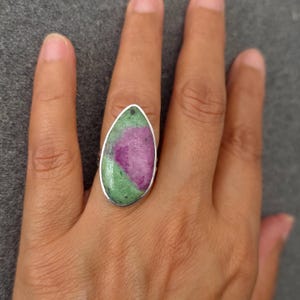Large Teardrop Ruby Zoisite Ring, 925 Sterling Silver, Size US 7 UK N 1/2, Stone size 3.0cm x 1.6cm, Green Cocktail Ring, Mistry Gems, R221