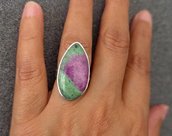 Large Teardrop Ruby Zoisite Ring, 925 Sterling Silver, Size US 7 UK N 1/2, Stone size 3.0cm x 1.6cm, Green Cocktail Ring, Mistry Gems, R221