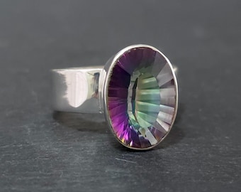 Wide Band Oval Mystic Topaz Ring, Sterling Silver, Stone Size 1.4cm x 1.0cm, Size US 7 3/4 UK P, Solitaire Engagement Ring, Mistry Gems, R87
