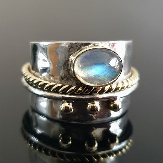 Labradorite Ring Wide Brass silver Band Blue Gemstone 925