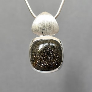 Square Black Sunstone Pendant, Brushed 925 Sterling Silver, Total Size 2.5cm x 1.5cm, Sparkly Black Gemstone Jewellery, Mistry Gems, P15BS