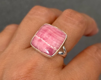 Large Square Rhodochrosite Ring, 925 Sterling Silver, Ring Size US 8 1/4 UK Q, Stone Size 1.7cm x 1.7cm, Mistry Gems, R140
