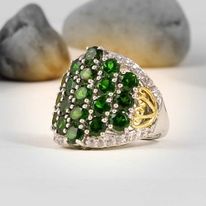 Designer Russian Chrome Diopside Ring, 925 Sterling Silver/Gold Rhodium Plated, Size US 7 UK N 1/2, Green Gemstone Ring, Mistry Gems, ZK06