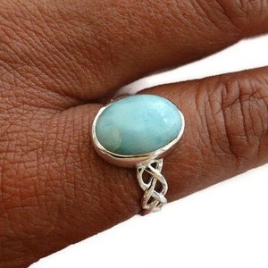 Silver Celtic Knot Larimar Ring, 925 Sterling Silver, Size US 6 UK L, Light Turquoise Gemstone from Dominican Republic, Mistry Gems, R1LAR