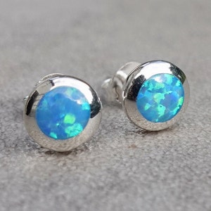 Blue Opal Studs, Sterling Silver Opalique Round Earrings, Blue Opal Earrings, Lab Created Opal, October Birthstone, Mistry Gems, OPS1