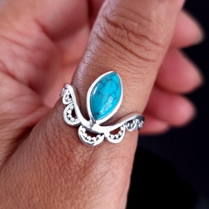 Unique Boho Turquoise Ring, 925 Sterling Silver Crown Ring, December Birthstone, 11th Anniversary Gift, Unusual Thumb Ring, Mistry Gems, R6T